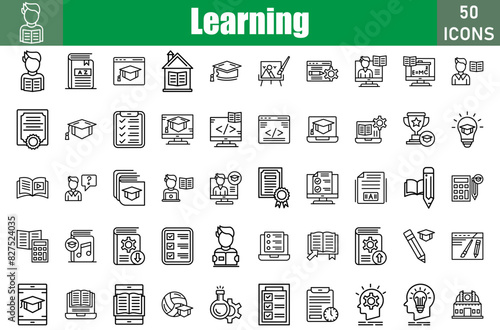 Set of 50 Learning line icons set. Workshop outline icons with editable stroke collection. Include read, exam, study, checklist, elearning, campus