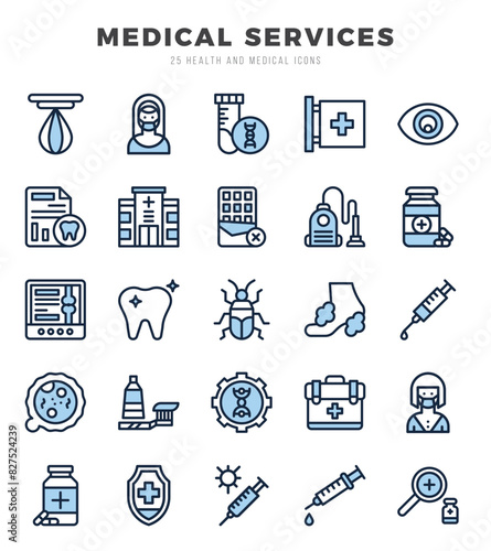 Set of simple Two Color MEDICAL SERVICES Icons. Two Color art icons pack. Vector illustration.