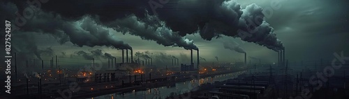 Industrial landscape with heavy pollution and smokestacks releasing dark smoke under a gloomy sky, highlighting environmental issues. photo
