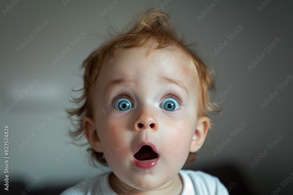 Closeup of an adorable toddler expressing surprise with big blue eyes and open mouth