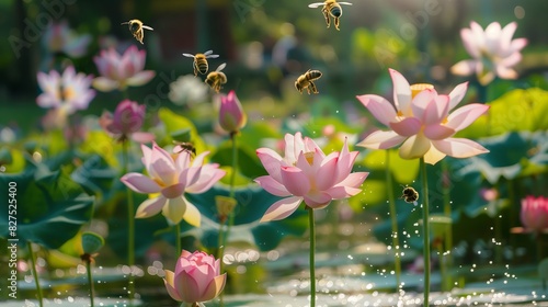 A serene lotus pond with bees collecting nectar symbolizes tranquility and harmony in nature.
