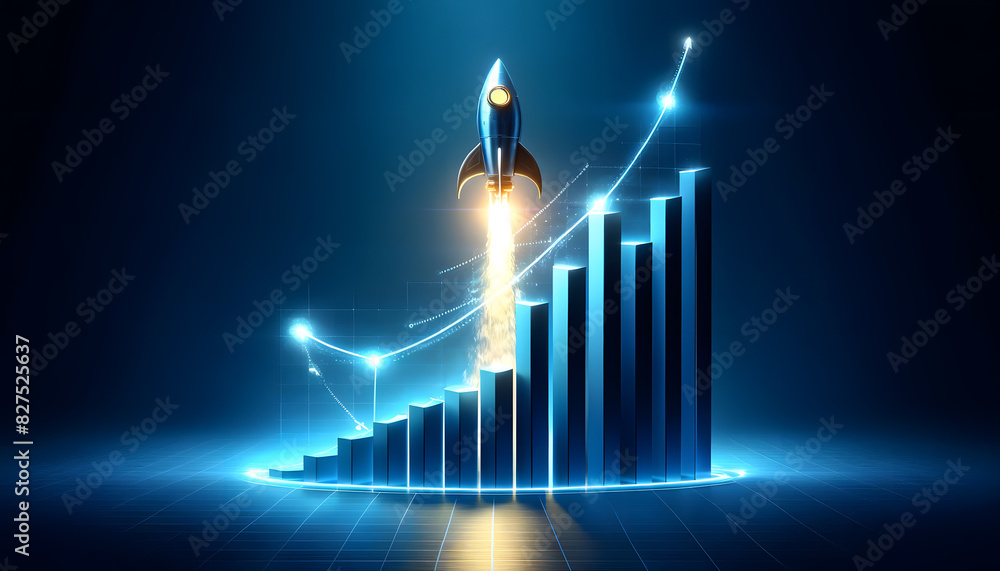 a digital blue bar graph with an upward trend. A futuristic rocket is ...