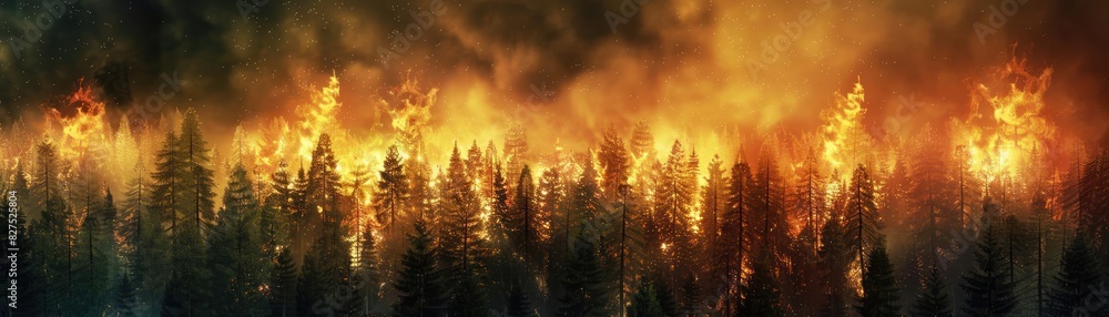 Naklejka premium Dramatic forest fire raging with intense flames and thick smoke, showcasing the destructive power of nature's fury and environmental impact.