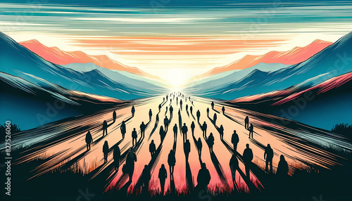 A group of silhouetted people walking towards a bright horizon, surrounded by colourful mountains and a dramatic sky, evoking a sense of journey and hope.