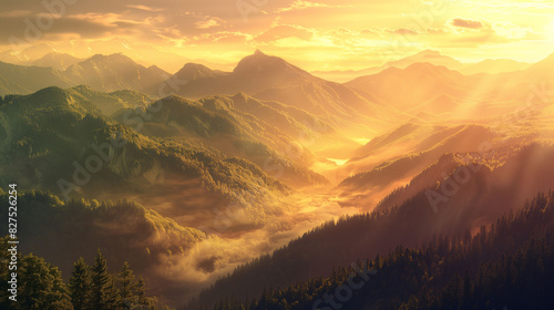 Breathtaking mountain landscape bathed in warm sunrise hues