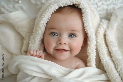 Adorable baby with sparkling eyes smiles peeping out from a cozy white blanket