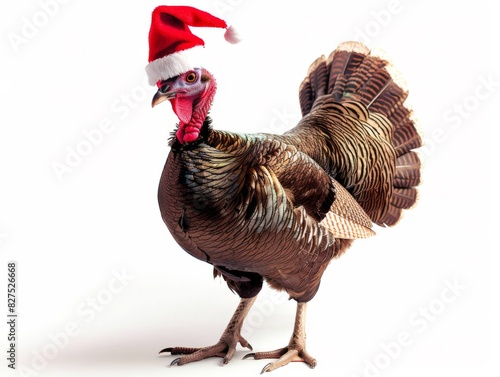 Candid portrait of turkey wearing a Santa hat isolated against a pure white background 