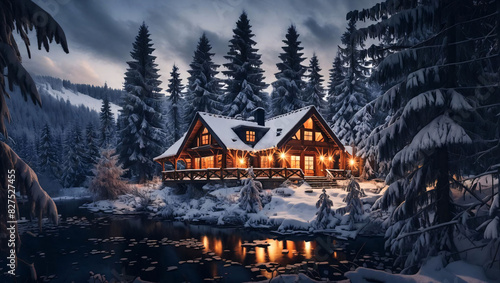 Cozy cabin nestled in a snowy winter forest © Elisaveta