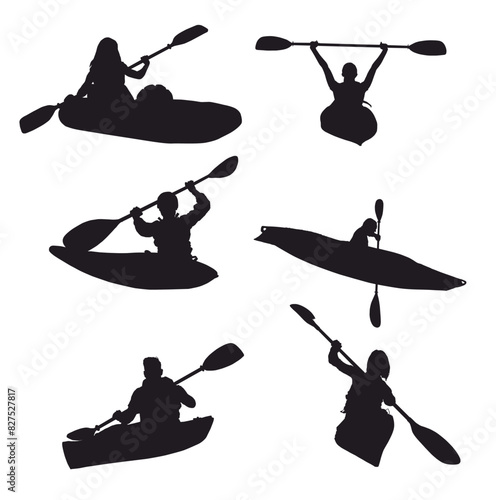 set of kayaking silhouette. Water sports, transport and adventure isolated on white background.