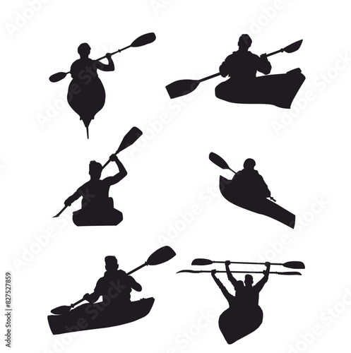 silhouettes of kayaking set. Illustration of men and women in kayak. 