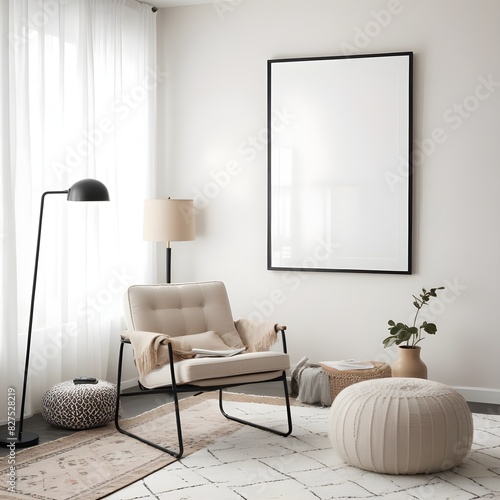 Frame mockup, ISO A paper size. Living room poster mockup. Modern interior design. Living room Interior mockup with house background. 3D render