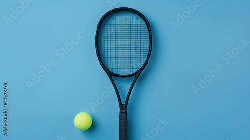 Black tennis racket with tennis ball on blue back, generative AI © Ghulam