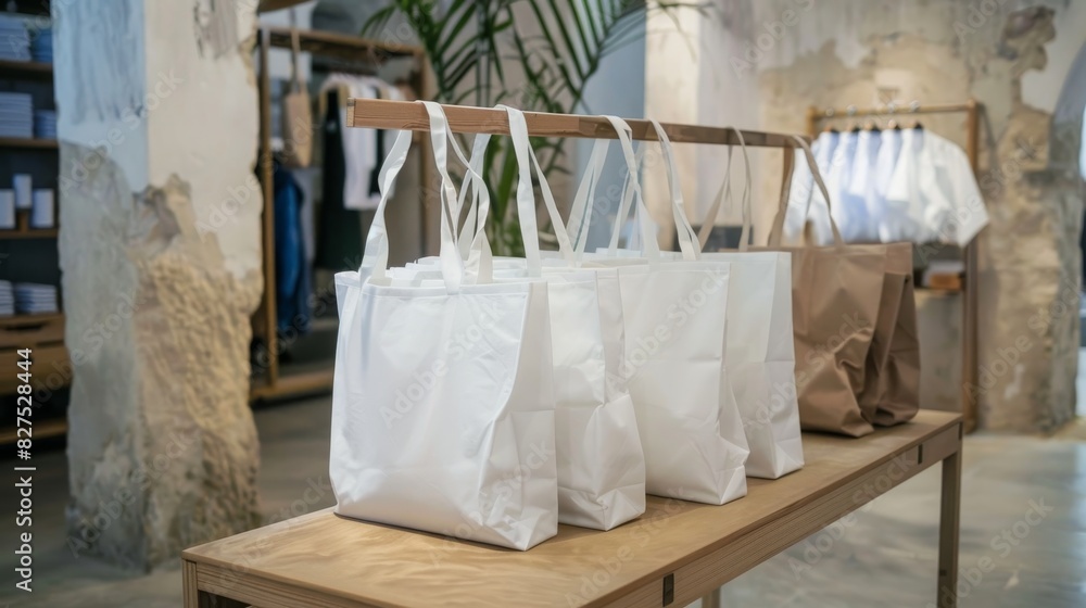 Row of white reusable tote bags hanging on a wooden bar, placed on a wooden table, in a retail environment with a stone wall Row of white reusable tote bags hanging on a wooden bar, placed on a wooden table, in a retail environment with a stone wall