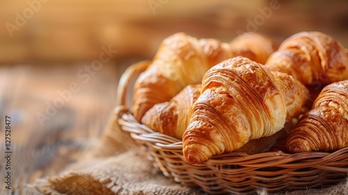 Basket of freshly baked croissants. The croissants have a golden-brown color and a flaky texture
