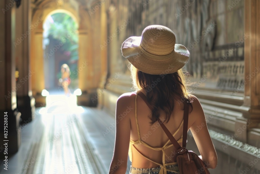 Young female traveler with a stylish hat walks through an ancient arcade, basked in sunlight