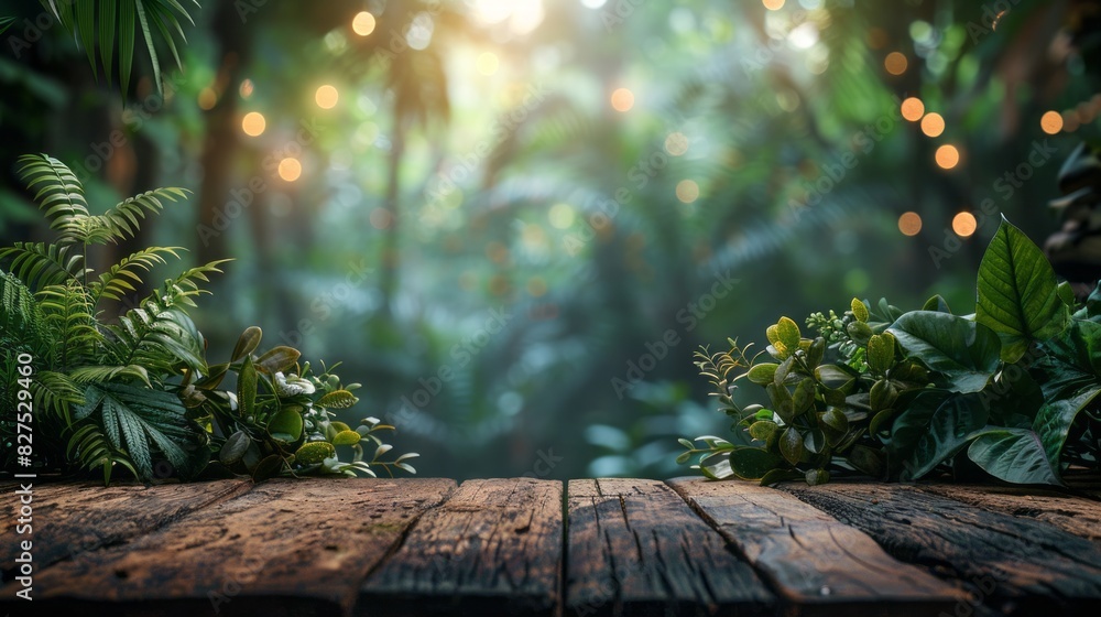 Wooden counter stands on empty table in outdoor tropical forest. Blurred green plant background With an organic product area Presenting easel displays in nature spring and summer concept Wooden counter stands on empty table in outdoor tropical forest. Blurred green plant background With an organic product area Presenting easel displays in nature spring and summer concept