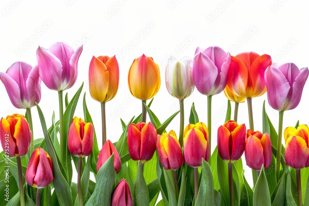 A vibrant bouquet of multicolored tulips in full bloom against a white background, showcasing the beauty of springtime flowers. A vibrant bouquet of multicolored tulips in full bloom against a white background, showcasing the beauty of springtime flowers.