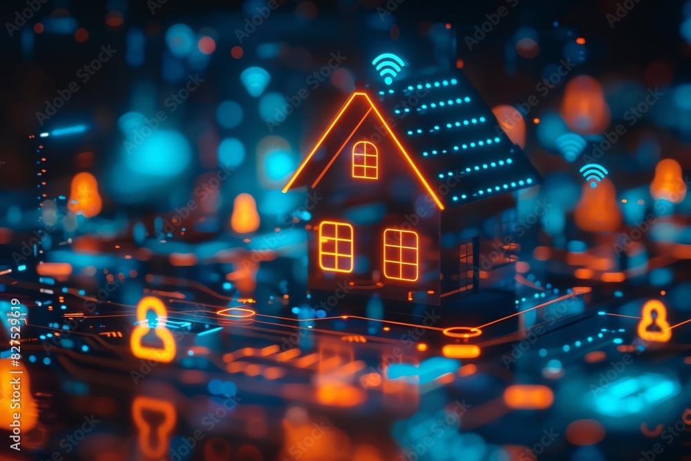 Smart home devices with interconnected appliances close up, focus on, copy space Bright and vivid colors, Double exposure silhouette with home icons Smart home devices with interconnected appliances close up, focus on, copy space Bright and vivid colors, Double exposure silhouette with home icons