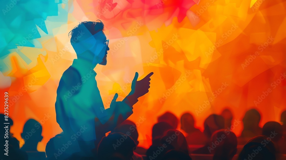 Teacher instructing students in a classroom close up, focus on, copy space Bright and vivid colors, Double exposure silhouette with books Teacher instructing students in a classroom close up, focus on, copy space Bright and vivid colors, Double exposure silhouette with books