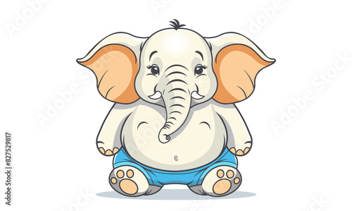 Vector cartoon funny comical good-natured chubby sitting elephant in shorts. Obese African animal. Sticker. White isolated background.