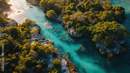 Drone View Island Jungle Surrounded By Water With Dark Lunar Blue Landscape Background © Image Lounge
