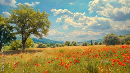 Summer field with trees and poppies in a natural landscape photo