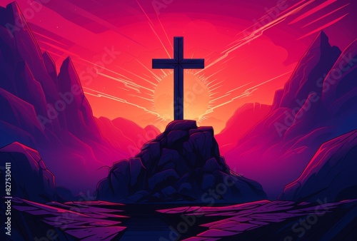 Cross on the mountain at sunset.