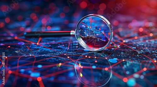 A magnifying glass analyzing a network traffic graph, identifying anomalies or security breaches photo