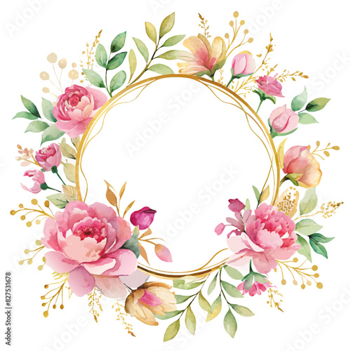 A circle-shaped postcard frame with pink bouquets of flowers