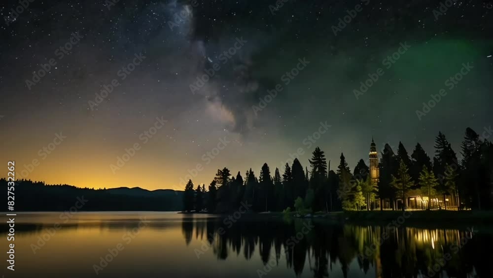A dens forest of pine trees and a lake, on side of lake a mosque, clear sky full of clouds A dens forest of pine trees and a lake, on side of lake a mosque, clear sky full of clouds