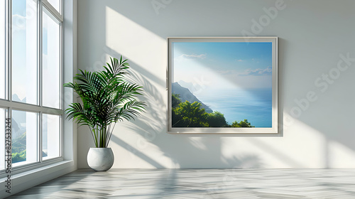 High Resolution Mockup of White Wooden Landscape Frame on Bright Wall  Ideal for Nature Photography or Art Prints   Photo Realistic White Wooden Landscape Frame Concept