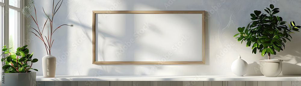 High Resolution White Wooden Landscape Frame Mockup on Bright Wall for Nature Photography or Art Prints Photo Realistic Concept High Resolution White Wooden Landscape Frame Mockup on Bright Wall for Nature Photography or Art Prints Photo Realistic Concept