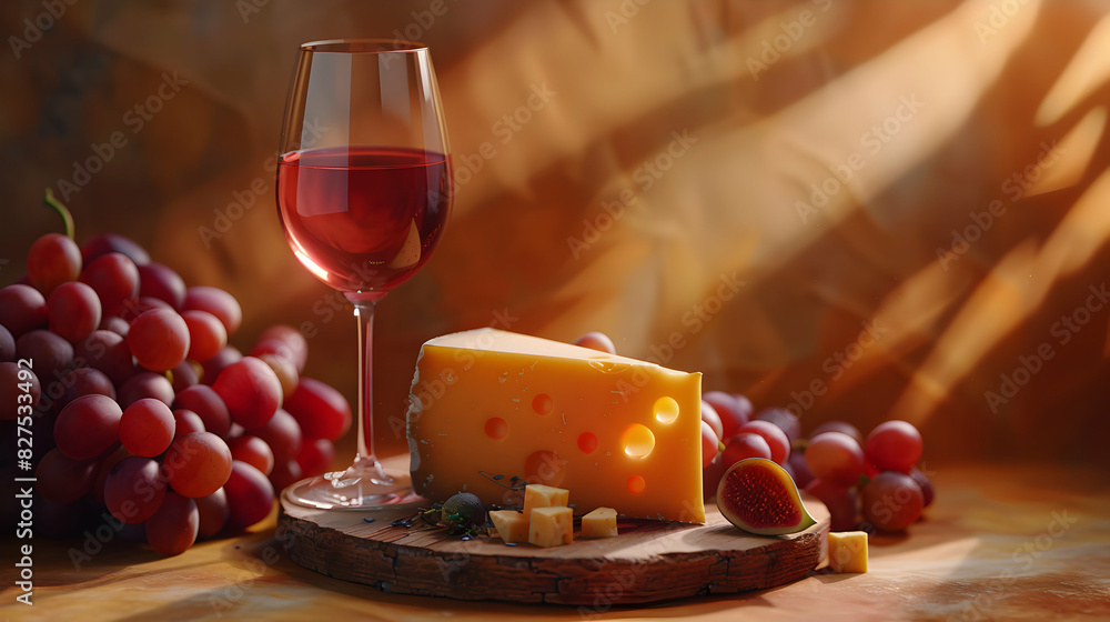 Photo realistic wine and cheese pairing event concept with rich flavors and complementary tastes, high resolution image on glossy backdrop