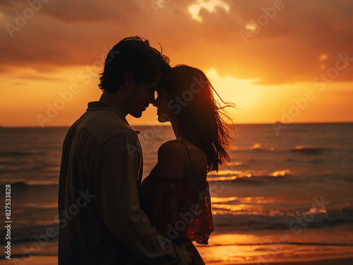 On the beach, a couple embraces with the sun setting behind them