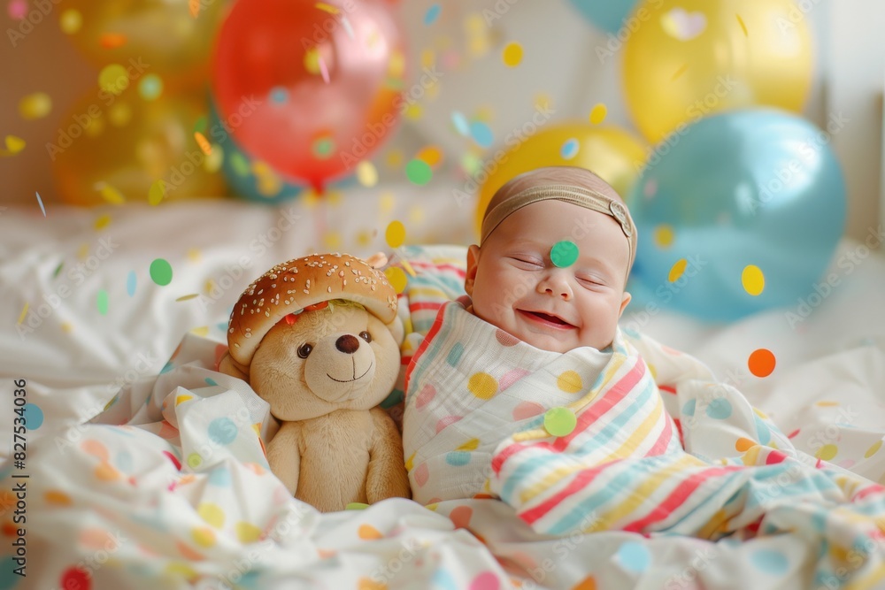 Obraz premium Happy baby surrounded by balloons and soft toys, capturing the festive spirit of celebration and joy