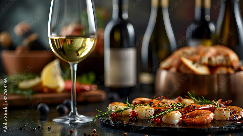 Capturing the Harmony of Wine and Seafood: A High Resolution Photo Realistic Image Featuring Fresh Seafood and Complementary Wines on a Glossy Backdrop, Ideal for Stock Imagery