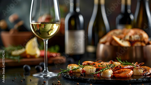 Capturing the Harmony of Wine and Seafood  A High Resolution Photo Realistic Image Featuring Fresh Seafood and Complementary Wines on a Glossy Backdrop  Ideal for Stock Imagery