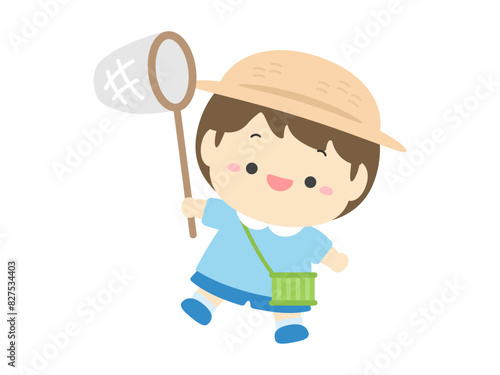 虫取り網と虫かごをもって昆虫採集に行く男の子、夏休みの子どものイラスト素材