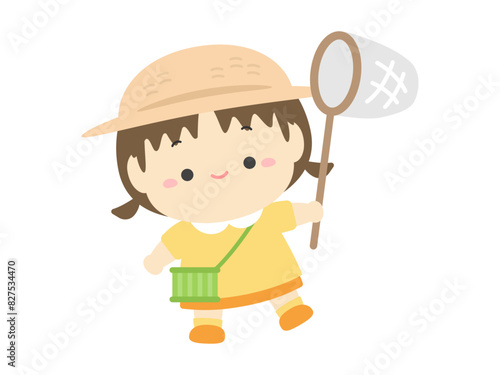虫取り網と虫かごをもって昆虫採集に行く女の子、夏休みの子どものベクターイラスト