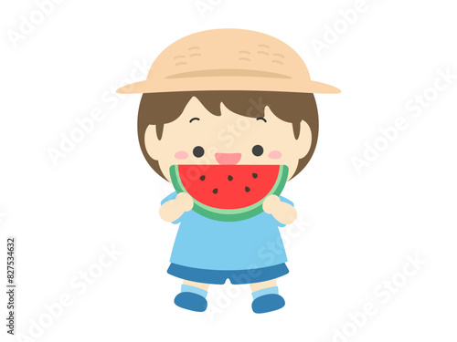 スイカを食べる男の子、夏の子どものベクターイラスト