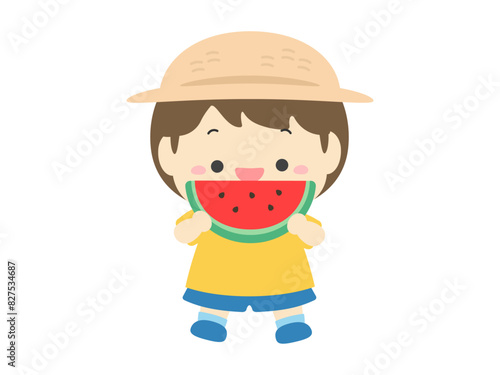スイカを食べる男の子、夏の子どものイラスト素材