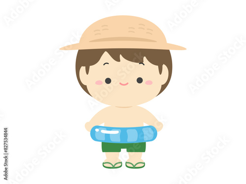 麦わら帽子をかぶり浮き輪を持った水着の男の子、夏休みの子どものイラスト素材