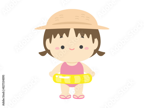 麦わら帽子をかぶり浮き輪を持った水着の女の子、夏休みの子どものイラスト素材
