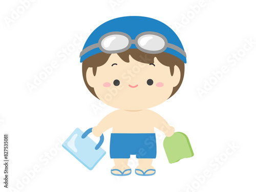 ビート板とカバンを持った水着の男の子、夏休みの子どものベクターイラスト