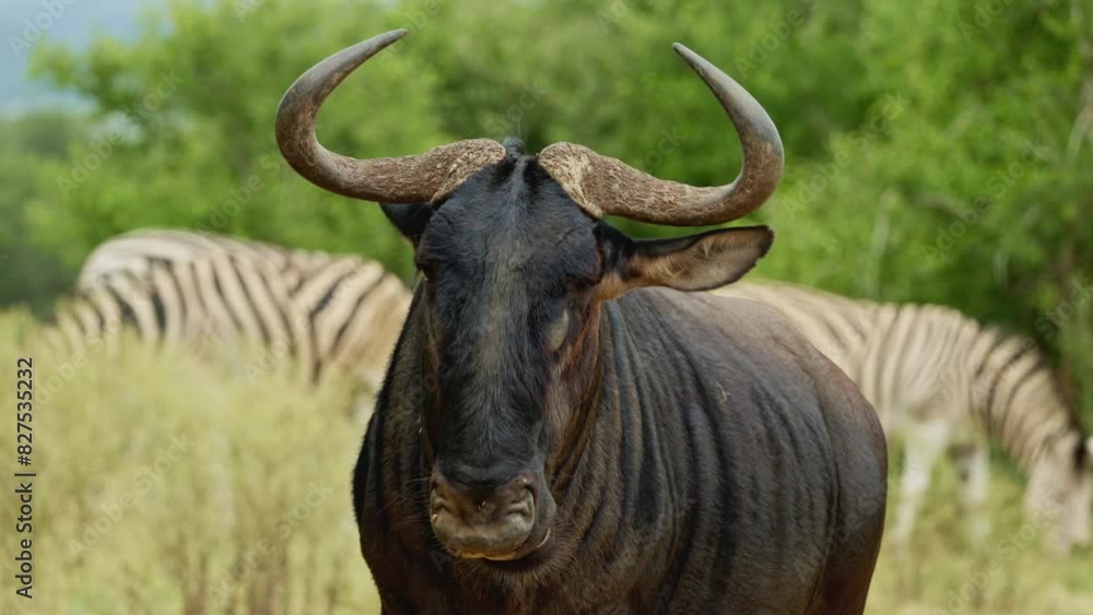 Wildebeest roaming and grazing the plains of the Kenyan grasslands. Africa national park in natural habitat. Wildlife of endangered animal species. Environment conservation. Wild taurine,in Tanzania Wildebeest roaming and grazing the plains of the Kenyan grasslands. Africa national park in natural habitat. Wildlife of endangered animal species. Environment conservation. Wild taurine,in Tanzania