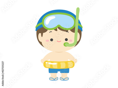 シュノーケルをつけて浮き輪を持った水着の男の子夏休みの子どものイラスト素材