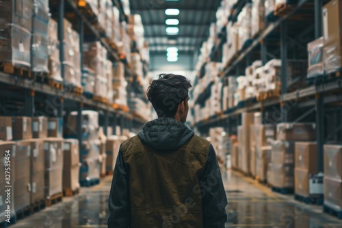 Back view of a person standing in a large distribution center aisle, surrounded by stocked shelves