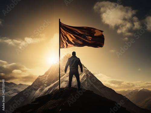 Triumph at dawn A successful businessman raises a flag in morning light on a mountain