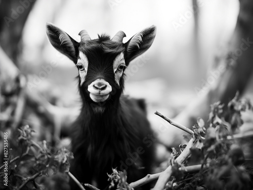 Kid in nature A small black and white goat grazes in a rural garden