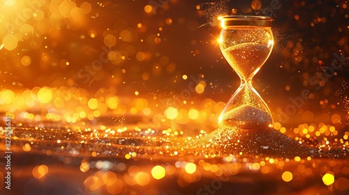 high resolution stock photo of golden hourglass with sand flowing on digital background, high detail, volumetric light, cinematic lighting, bokeh, blur effect, space for text,